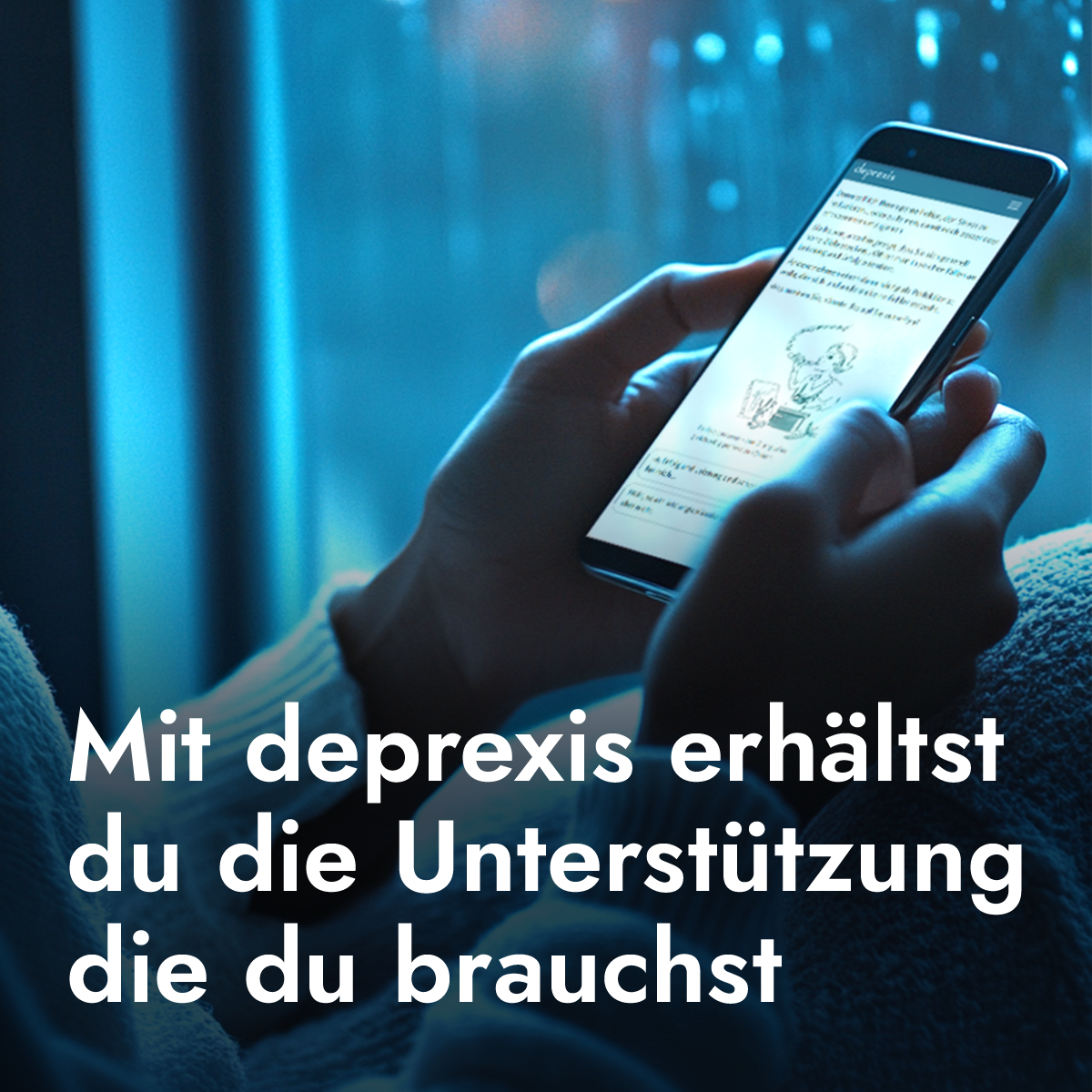 Ein Smartphone in einer Hand, auf dem die deprexis-App geöffnet ist.